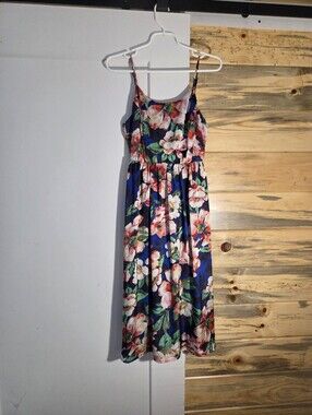 Wells Grace Blue Satin Floral Spaghetti Strap Dress Slightly Open Back Sundress